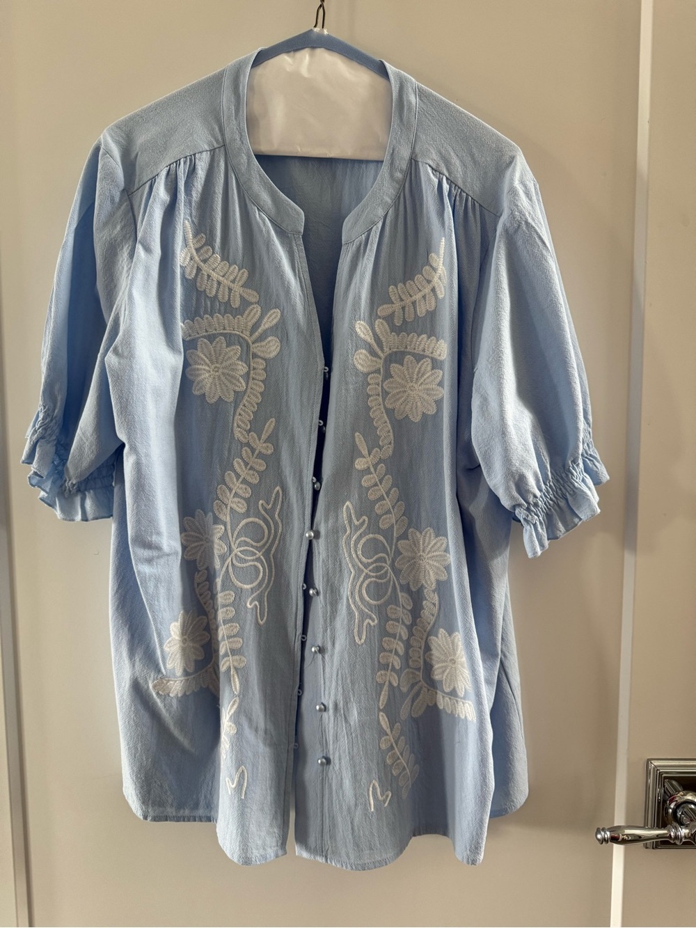 Light Blue Embroidered Women's Button-Front Blouse